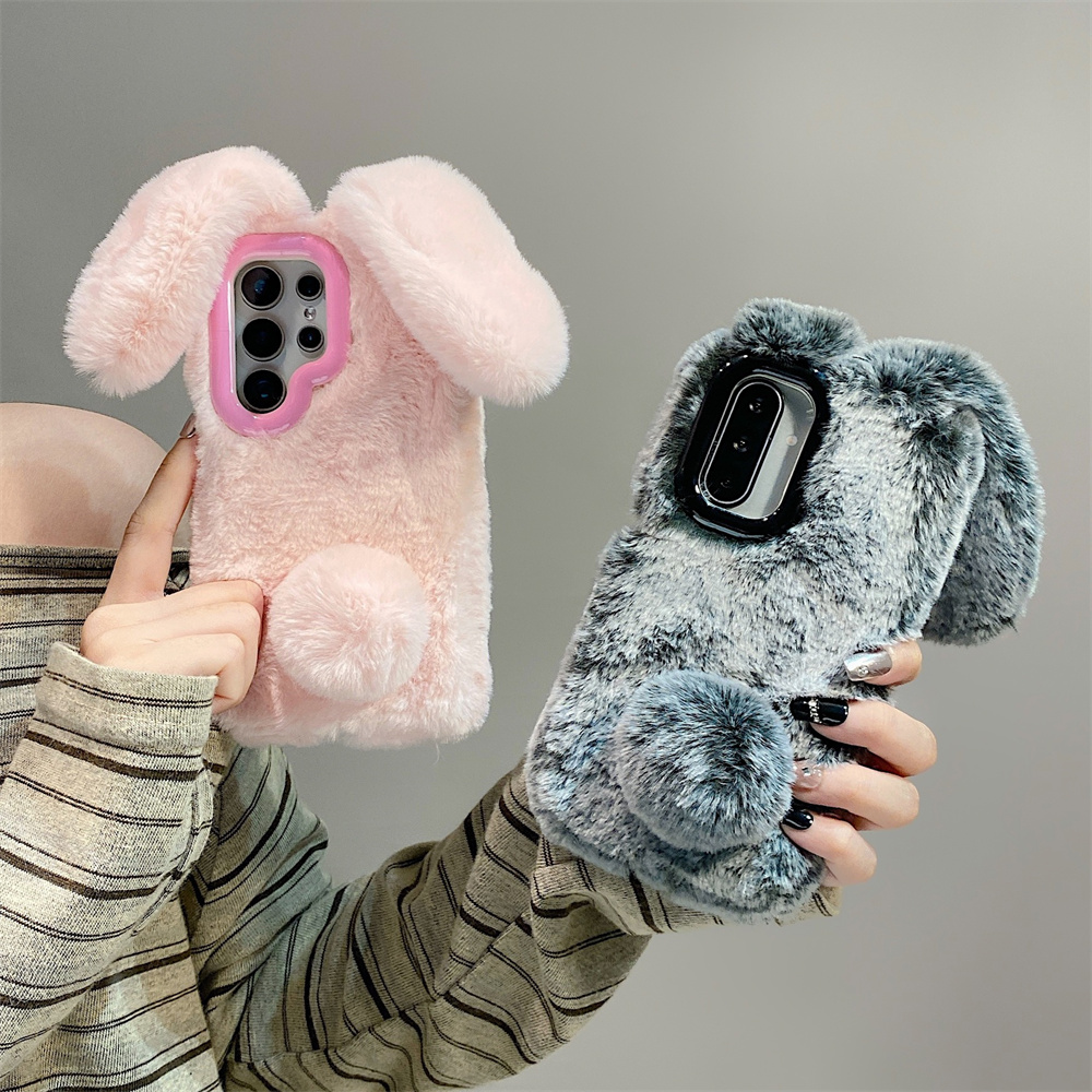 Phone Cases That Cover The Camera - Cute Rabbit Ears Fluffy Stand Phone