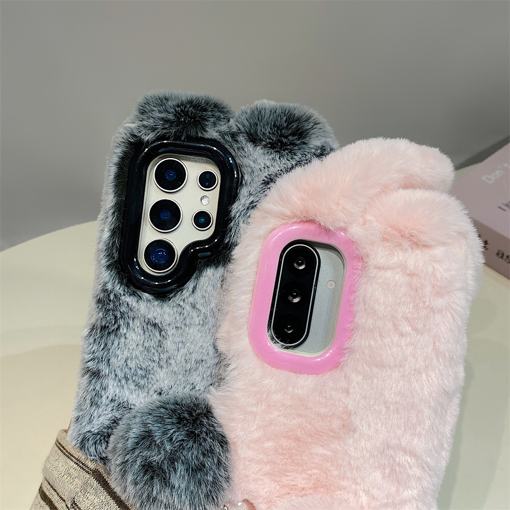 Cute Rabbit Ears Fluffy Stand  - Phone Cases That Cover The Camera 评论和价格